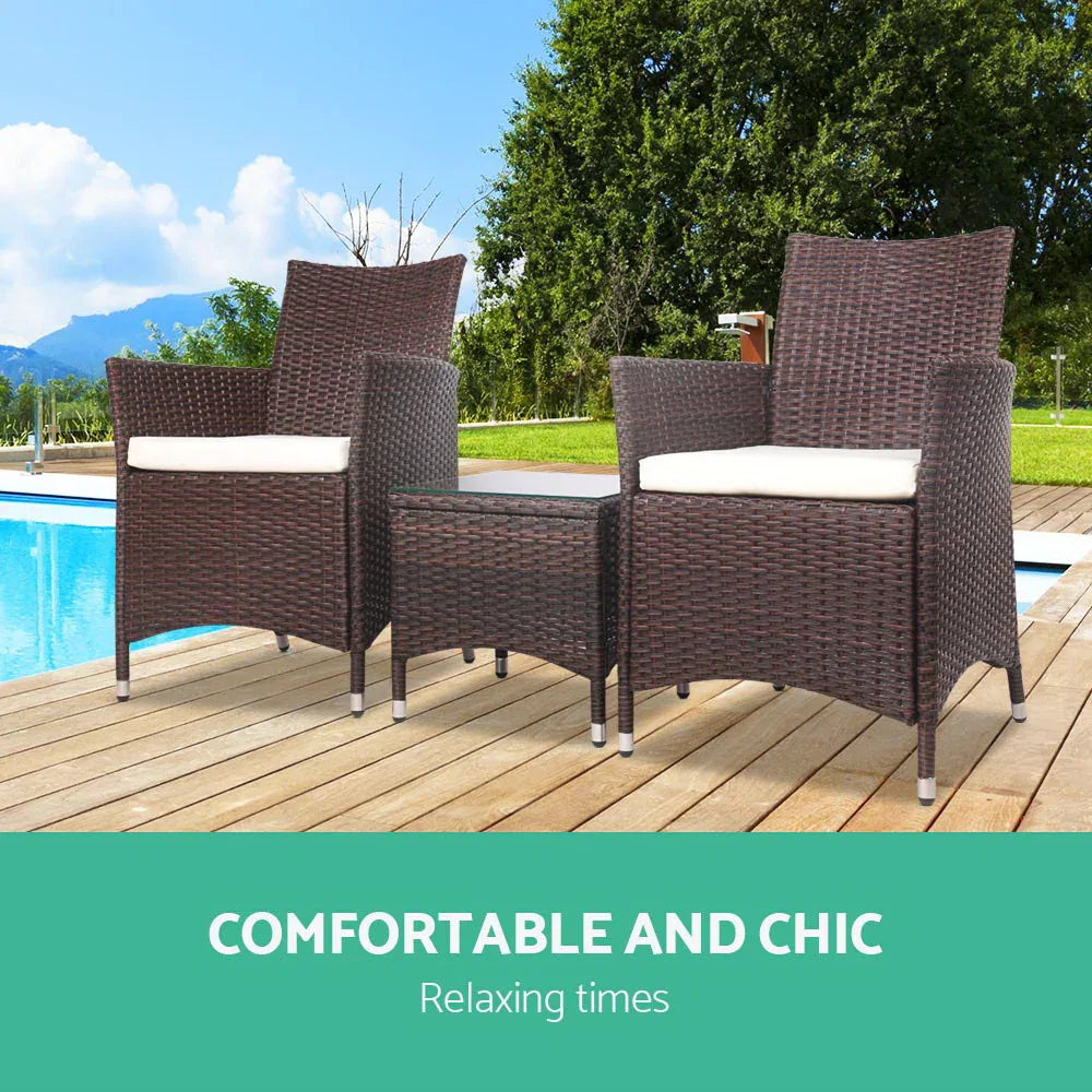 Gardeon 3PC Outdoor Bistro Set Patio Furniture Wicker Setting Chairs Table Cushion Brown - Mekamart Australia