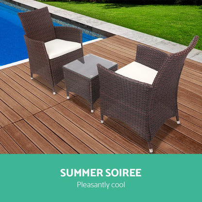 Gardeon 3PC Outdoor Bistro Set Patio Furniture Wicker Setting Chairs Table Cushion Brown - Mekamart Australia