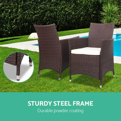 Gardeon 3PC Outdoor Bistro Set Patio Furniture Wicker Setting Chairs Table Cushion Brown - Mekamart Australia