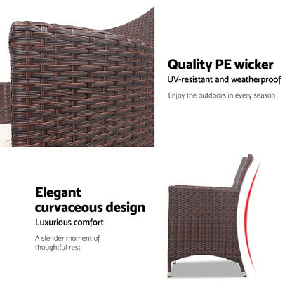 Gardeon 3PC Outdoor Bistro Set Patio Furniture Wicker Setting Chairs Table Cushion Brown - Mekamart Australia