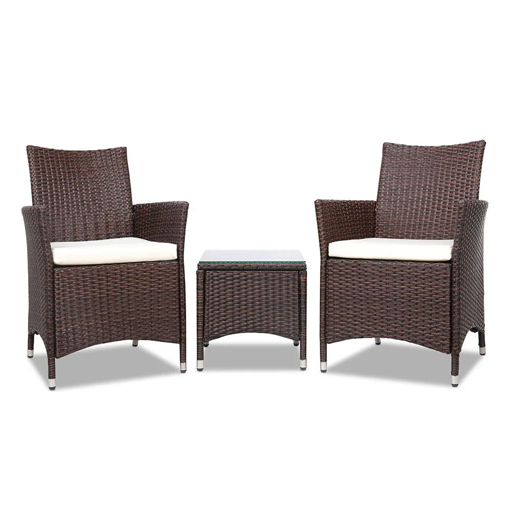 Gardeon 3PC Outdoor Bistro Set Patio Furniture Wicker Setting Chairs Table Cushion Brown - Mekamart Australia