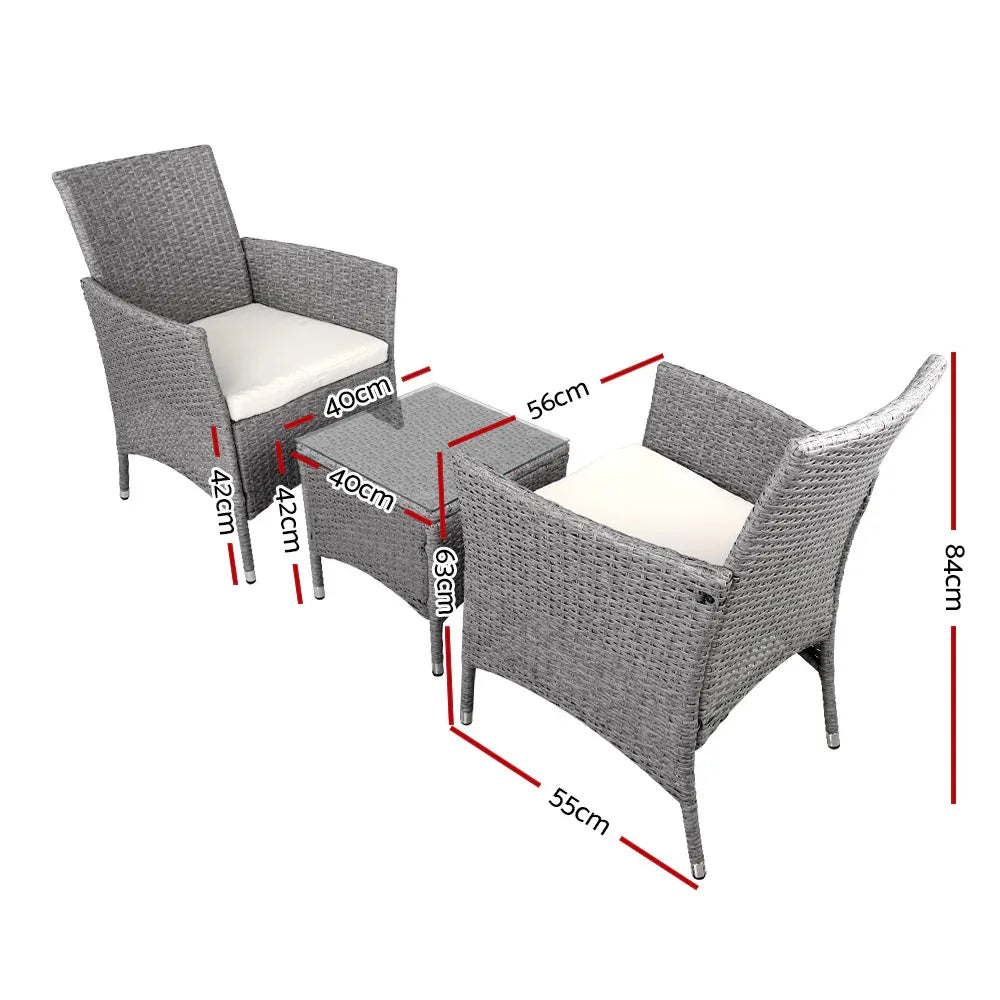 Gardeon 3PC Outdoor Bistro Set Patio Furniture Wicker Setting Chairs Table Cushion Grey - Mekamart Australia
