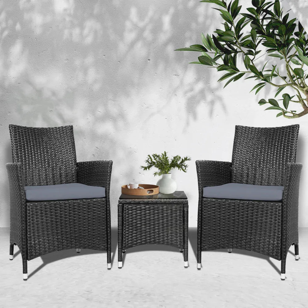 Gardeon 3PC Outdoor Bistro Set Patio Furniture Wicker Chairs Table Cushion All Black - Mekamart Australia