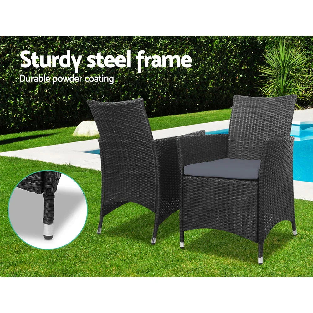 Gardeon 3PC Outdoor Bistro Set Patio Furniture Wicker Chairs Table Cushion All Black - Mekamart Australia