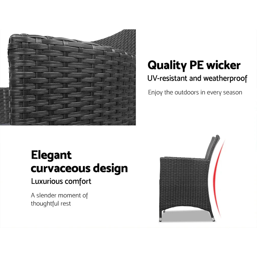 Gardeon 3PC Outdoor Bistro Set Patio Furniture Wicker Chairs Table Cushion All Black - Mekamart Australia