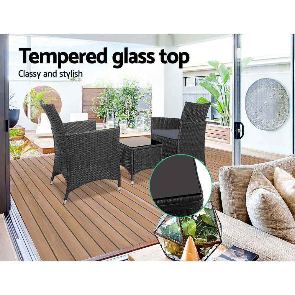 Gardeon 3PC Outdoor Bistro Set Patio Furniture Wicker Chairs Table Cushion All Black - Mekamart Australia