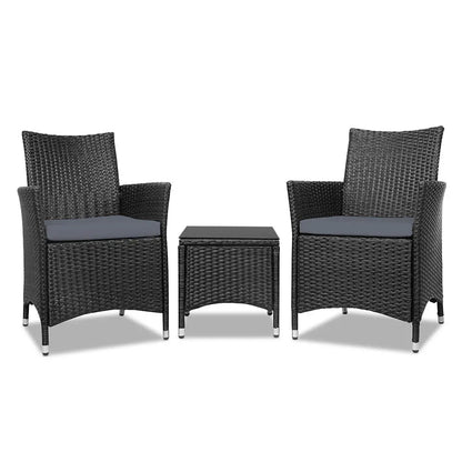 Gardeon 3PC Outdoor Bistro Set Patio Furniture Wicker Chairs Table Cushion All Black - Mekamart Australia