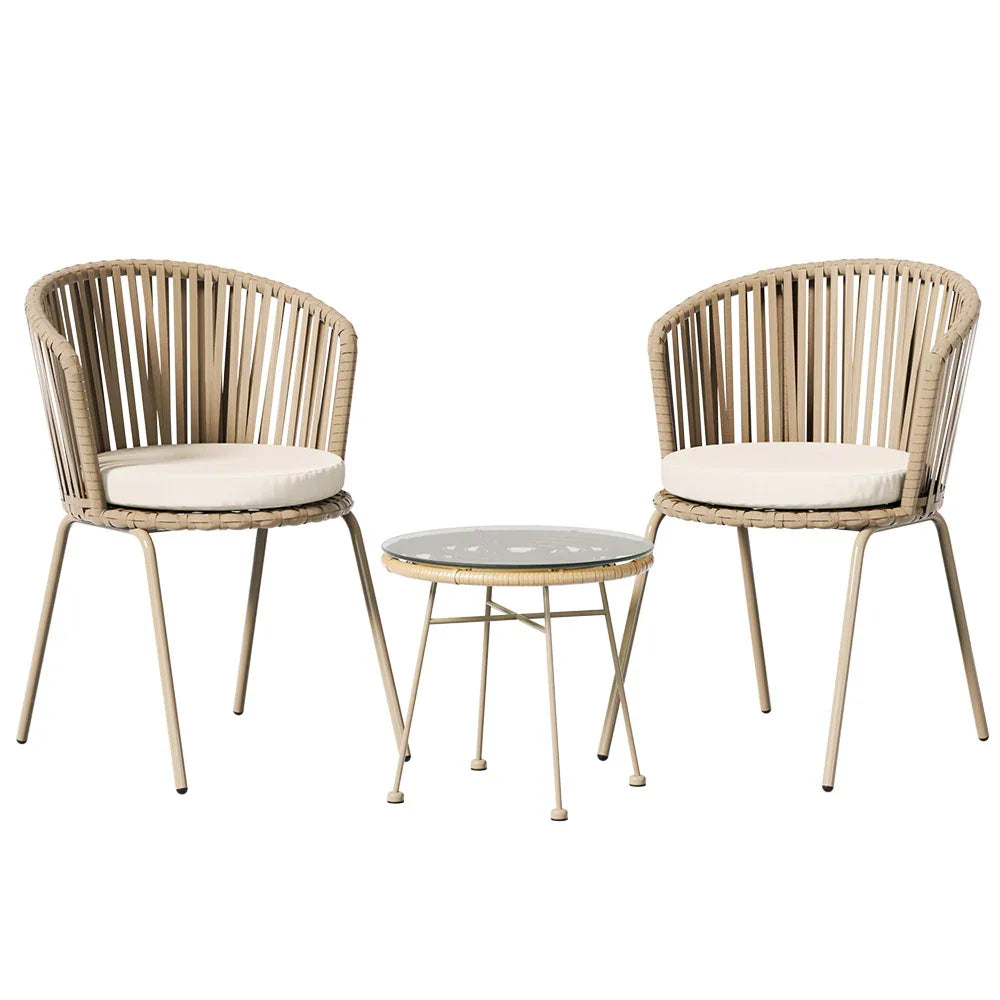 Gardeon 3PC Outdoor Bistro Set Patio Furniture Rope Setting Chairs Table Beige - Mekamart Australia