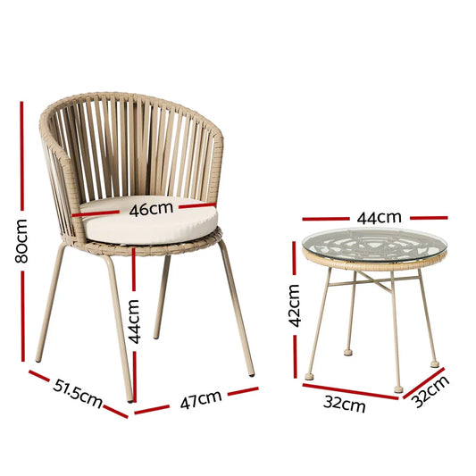 Gardeon 3PC Outdoor Bistro Set Patio Furniture Rope Setting Chairs Table Beige - Mekamart Australia