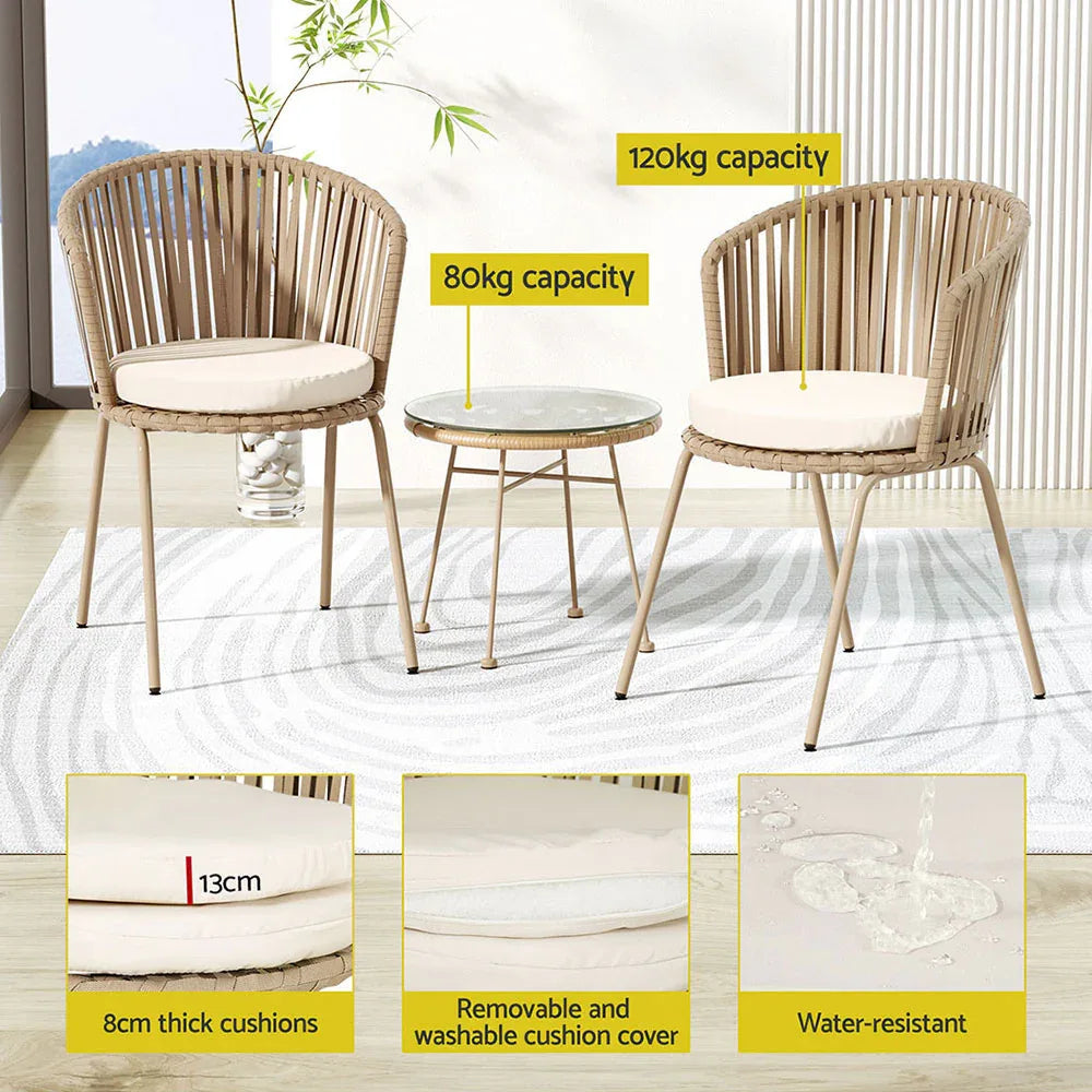 Gardeon 3PC Outdoor Bistro Set Patio Furniture Rope Setting Chairs Table Beige - Mekamart Australia