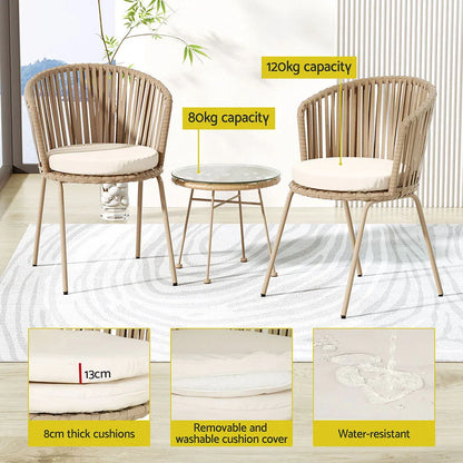 Gardeon 3PC Outdoor Bistro Set Patio Furniture Rope Setting Chairs Table Beige - Mekamart Australia