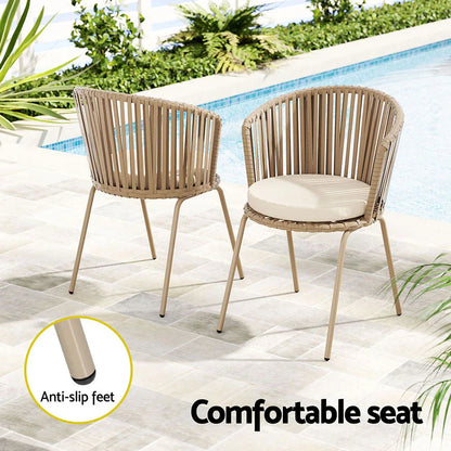 Gardeon 3PC Outdoor Bistro Set Patio Furniture Rope Setting Chairs Table Beige - Mekamart Australia