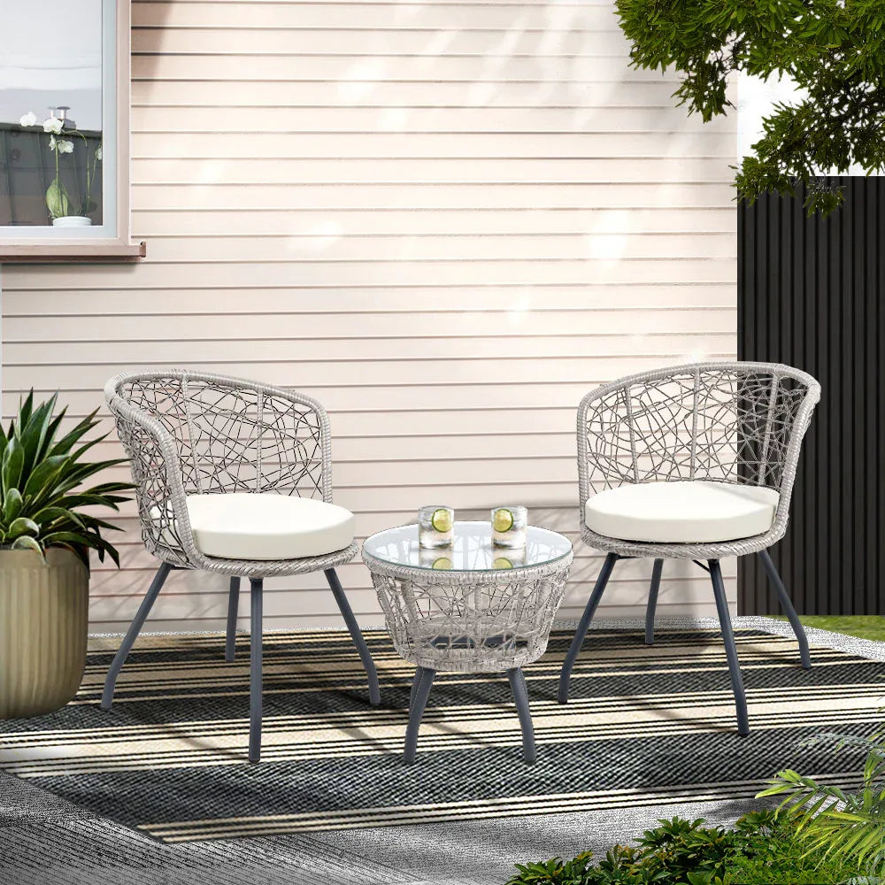 Gardeon 3PC Bistro Set Outdoor Furniture Rattan Table Chairs Patio Garden Cushion Grey - Mekamart Australia
