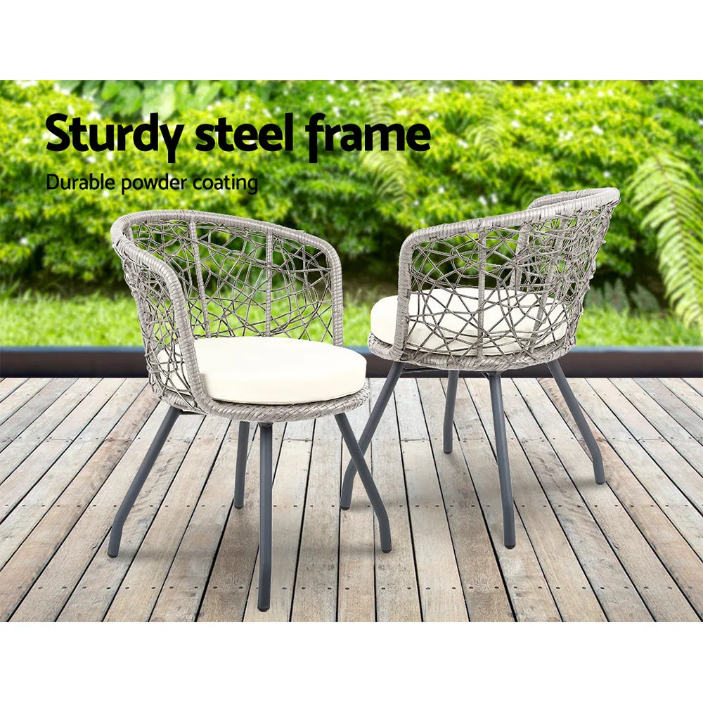 Gardeon 3PC Bistro Set Outdoor Furniture Rattan Table Chairs Patio Garden Cushion Grey - Mekamart Australia