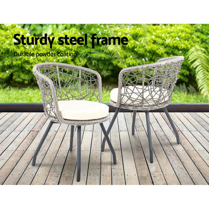 Gardeon 3PC Bistro Set Outdoor Furniture Rattan Table Chairs Patio Garden Cushion Grey - Mekamart Australia