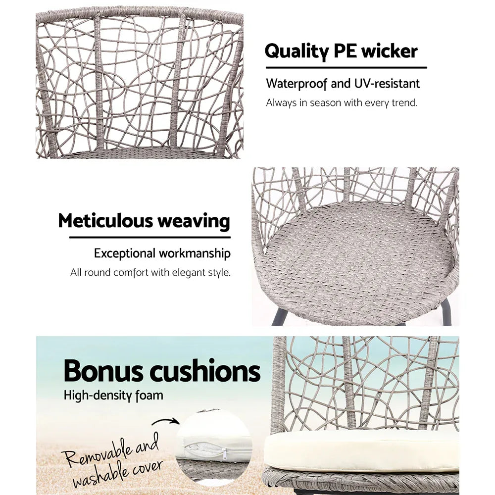 Gardeon 3PC Bistro Set Outdoor Furniture Rattan Table Chairs Patio Garden Cushion Grey - Mekamart Australia