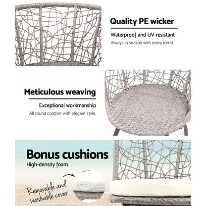 Gardeon 3PC Bistro Set Outdoor Furniture Rattan Table Chairs Patio Garden Cushion Grey - Mekamart Australia