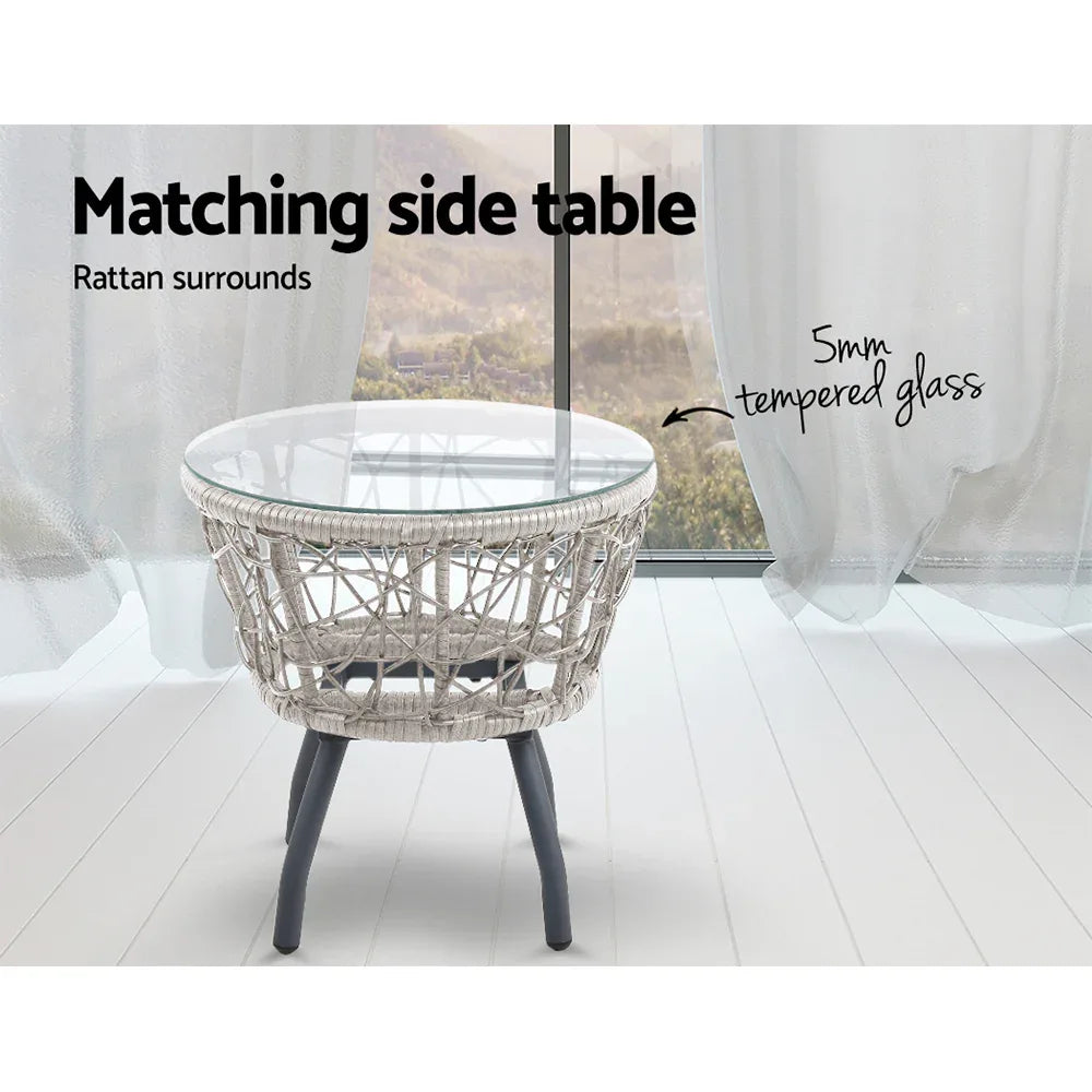 Gardeon 3PC Bistro Set Outdoor Furniture Rattan Table Chairs Patio Garden Cushion Grey - Mekamart Australia