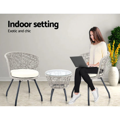 Gardeon 3PC Bistro Set Outdoor Furniture Rattan Table Chairs Patio Garden Cushion Grey - Mekamart Australia