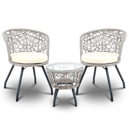Gardeon 3PC Bistro Set Outdoor Furniture Rattan Table Chairs Patio Garden Cushion Grey - Mekamart Australia