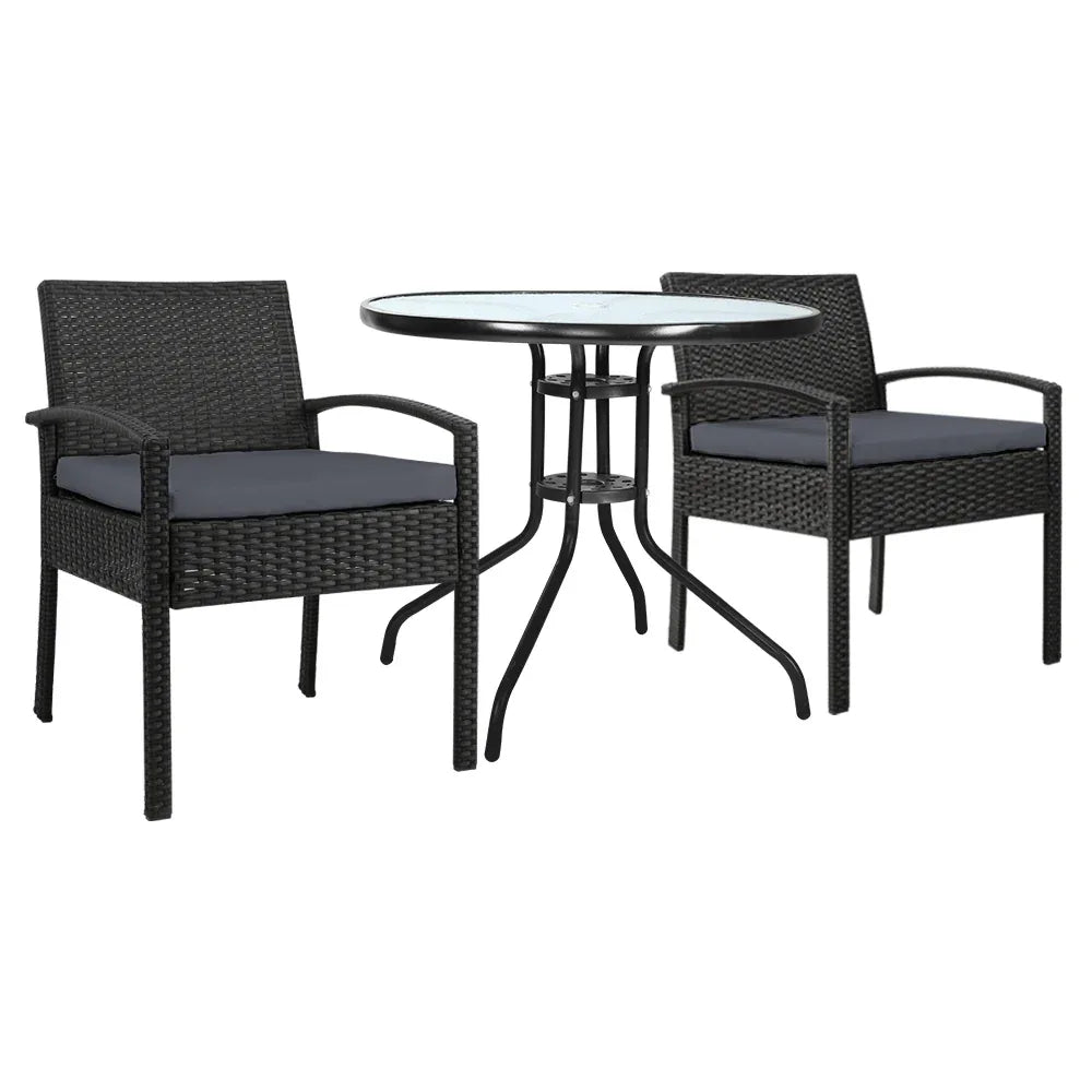 Gardeon 3PC Bistro Set Outdoor Furniture Rattan Table Chairs Cushion Patio Garden Felix - Mekamart Australia