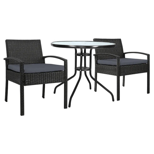 Gardeon 3PC Bistro Set Outdoor Furniture Rattan Table Chairs Cushion Patio Garden Felix - Mekamart Australia