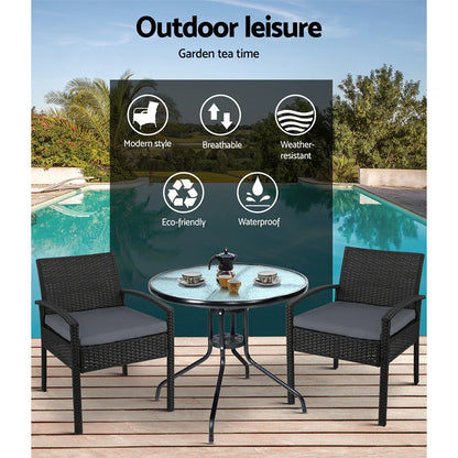 Gardeon 3PC Bistro Set Outdoor Furniture Rattan Table Chairs Cushion Patio Garden Felix - Mekamart Australia
