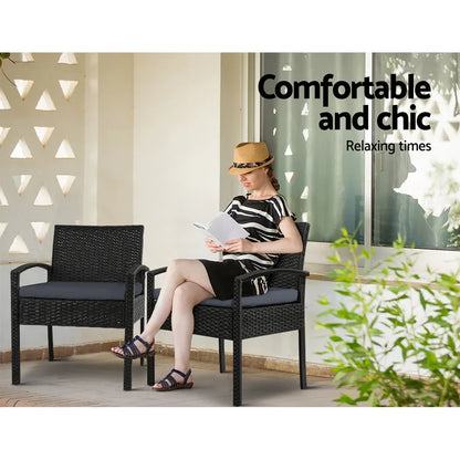 Gardeon 3PC Bistro Set Outdoor Furniture Rattan Table Chairs Cushion Patio Garden Felix - Mekamart Australia