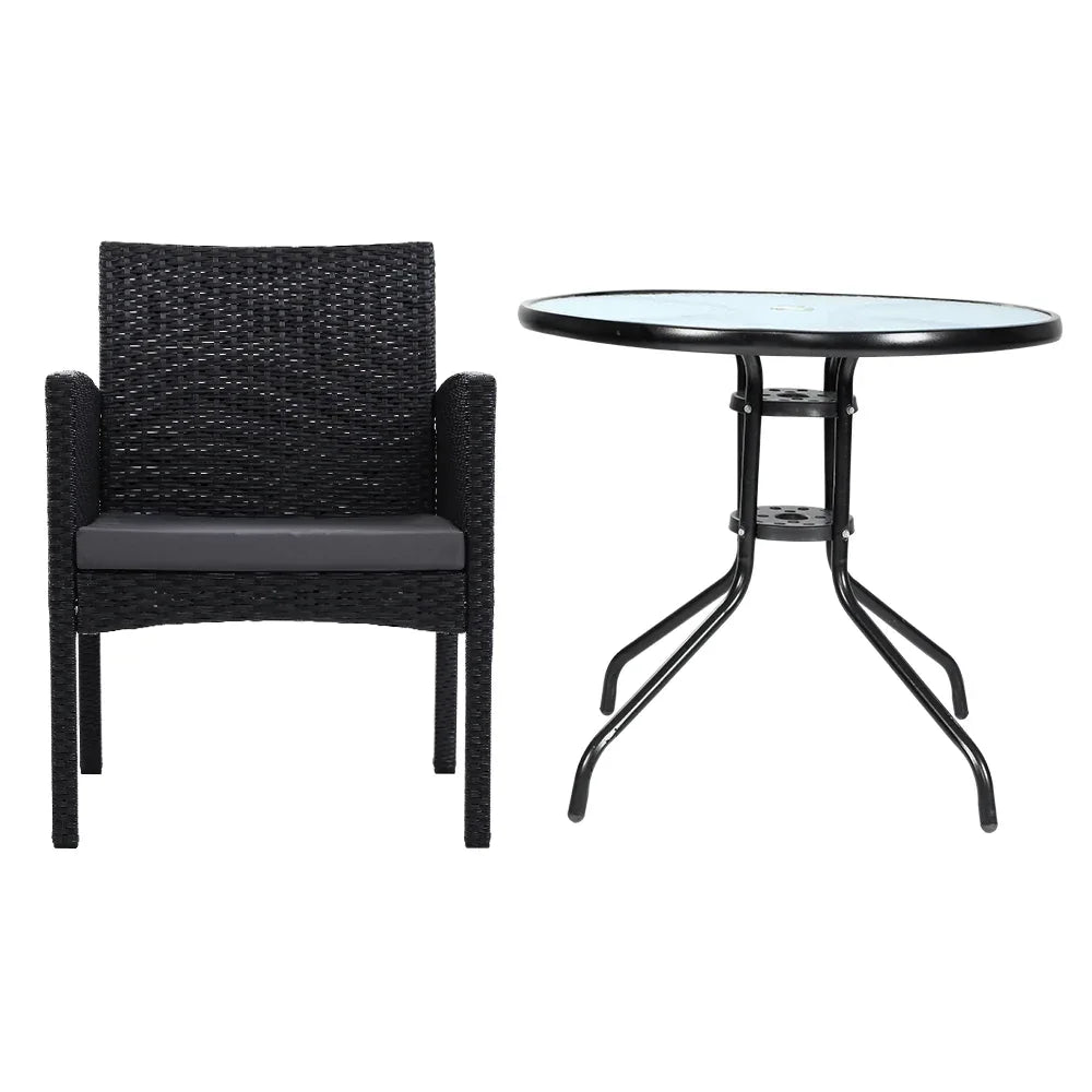 Gardeon 3PC Bistro Set Outdoor Furniture Rattan Table Chairs Cushion Patio Garden Ezra - Mekamart Australia