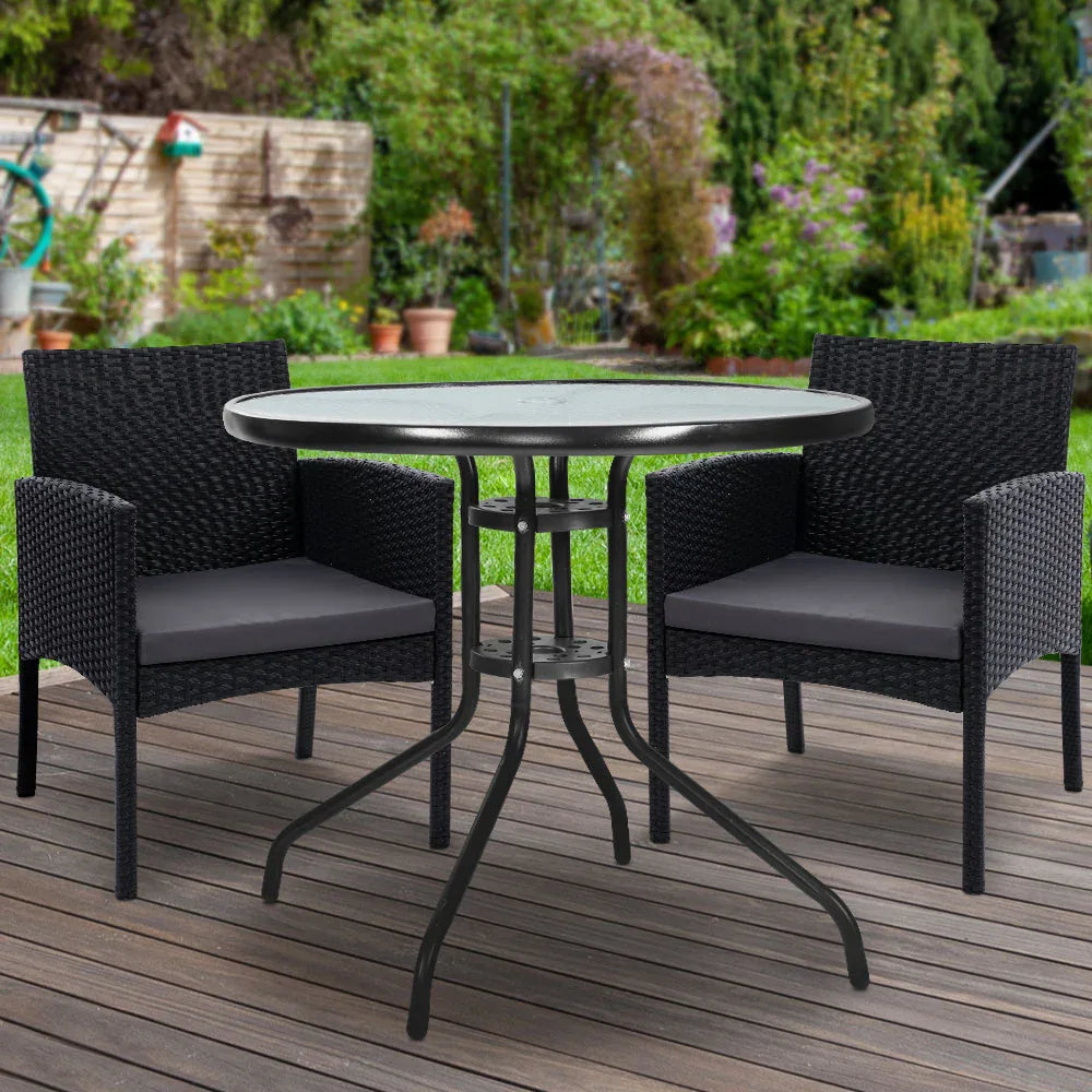 Gardeon 3PC Bistro Set Outdoor Furniture Rattan Table Chairs Cushion Patio Garden Ezra - Mekamart Australia