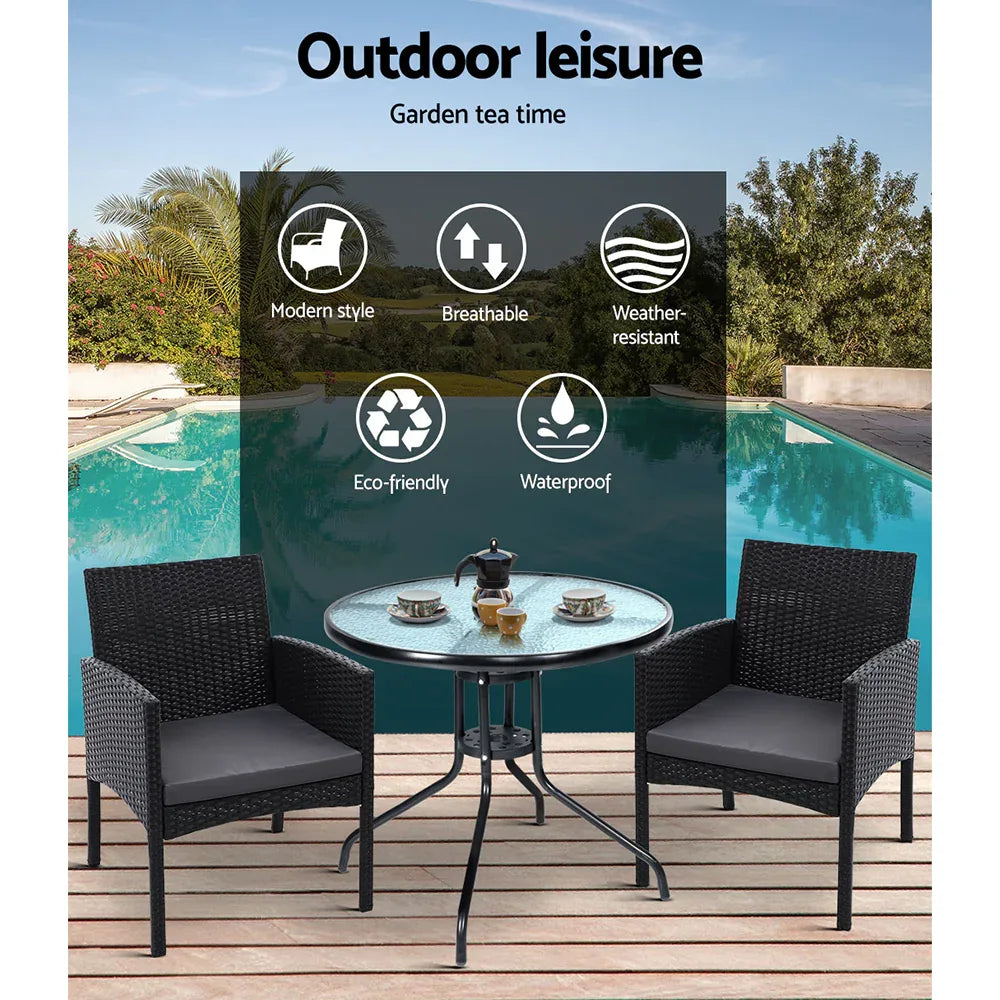 Gardeon 3PC Bistro Set Outdoor Furniture Rattan Table Chairs Cushion Patio Garden Ezra - Mekamart Australia