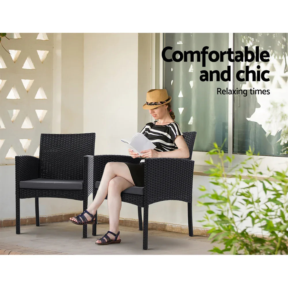Gardeon 3PC Bistro Set Outdoor Furniture Rattan Table Chairs Cushion Patio Garden Ezra - Mekamart Australia
