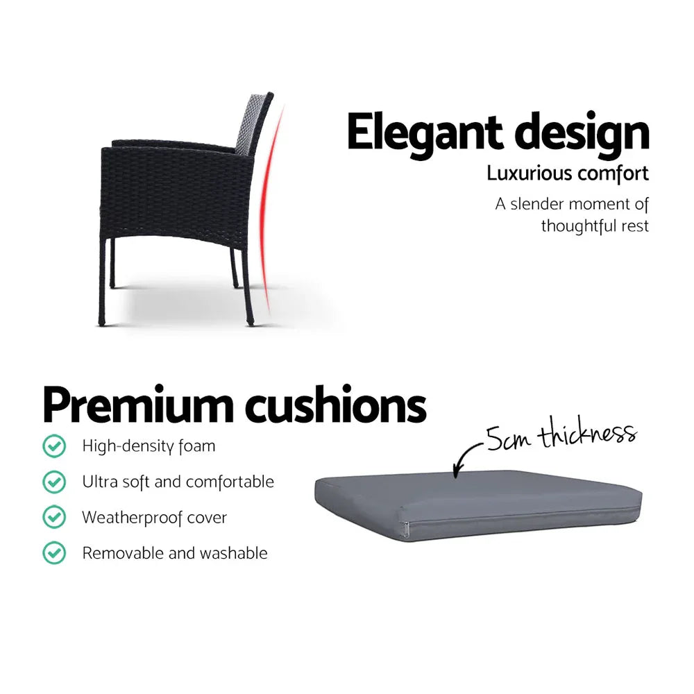 Gardeon 3PC Bistro Set Outdoor Furniture Rattan Table Chairs Cushion Patio Garden Ezra - Mekamart Australia