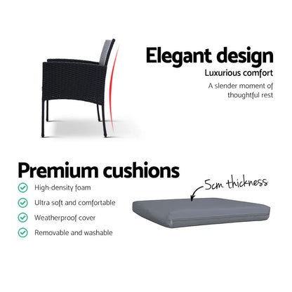 Gardeon 3PC Bistro Set Outdoor Furniture Rattan Table Chairs Cushion Patio Garden Ezra - Mekamart Australia