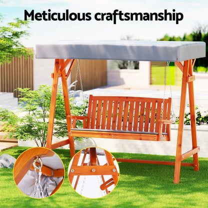 Gardeon Outdoor Wooden Swing Chair Garden Bench Canopy Cushion 3 Seater Teak - Mekamart Australia