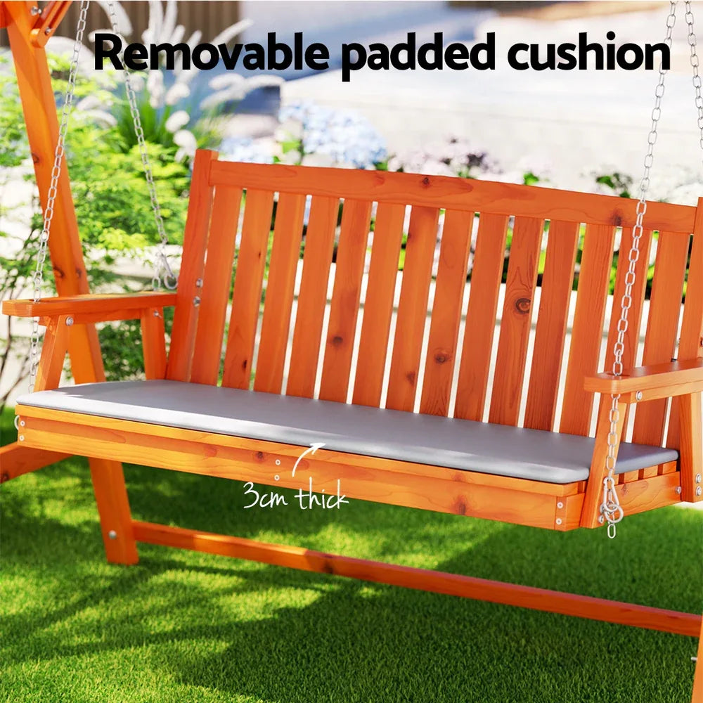 Gardeon Outdoor Wooden Swing Chair Garden Bench Canopy Cushion 3 Seater Teak - Mekamart Australia