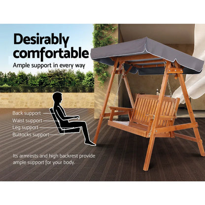 Gardeon Outdoor Wooden Swing Chair Garden Bench Canopy Cushion 3 Seater Teak - Mekamart Australia