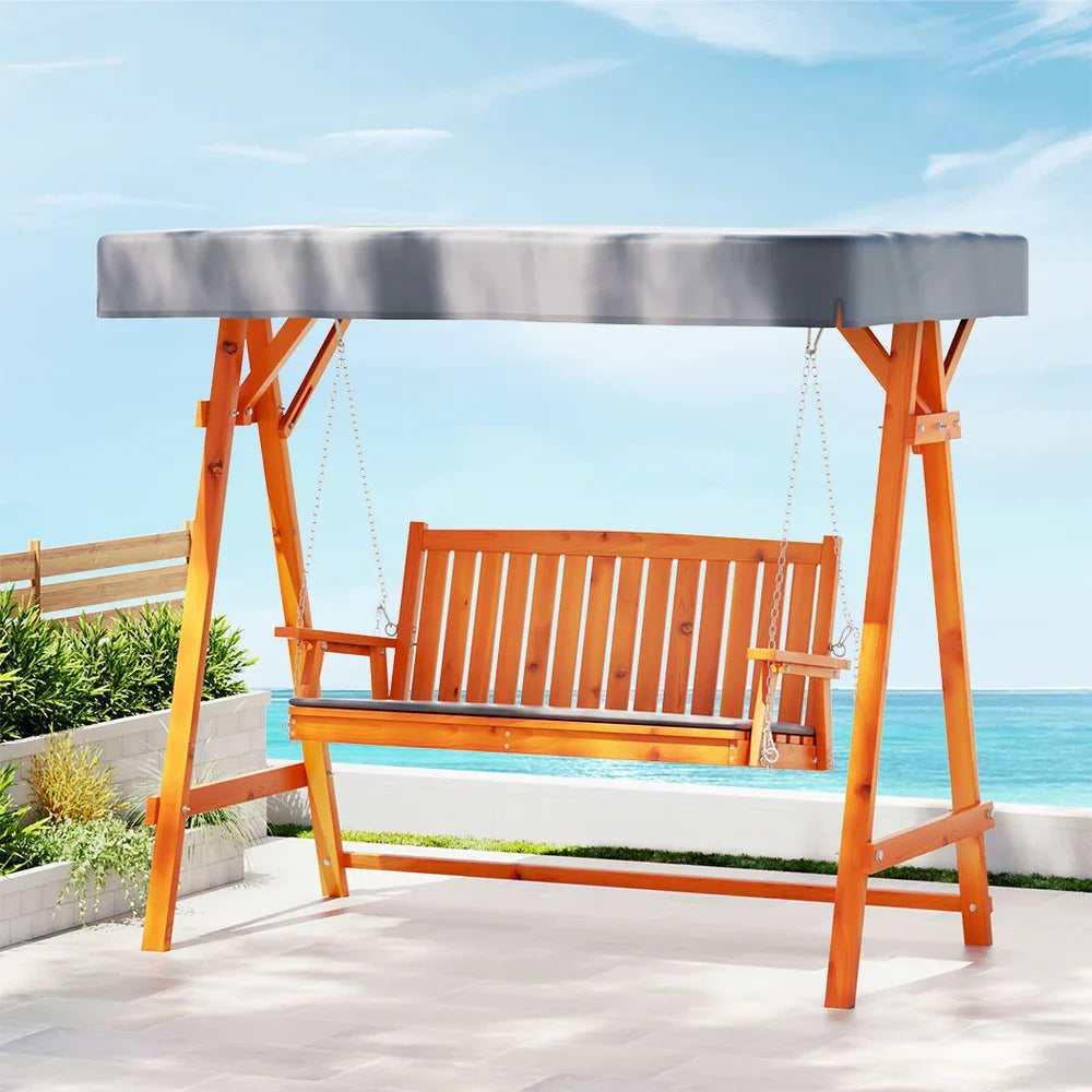 Gardeon Outdoor Wooden Swing Chair Garden Bench Canopy Cushion 3 Seater Teak - Mekamart Australia