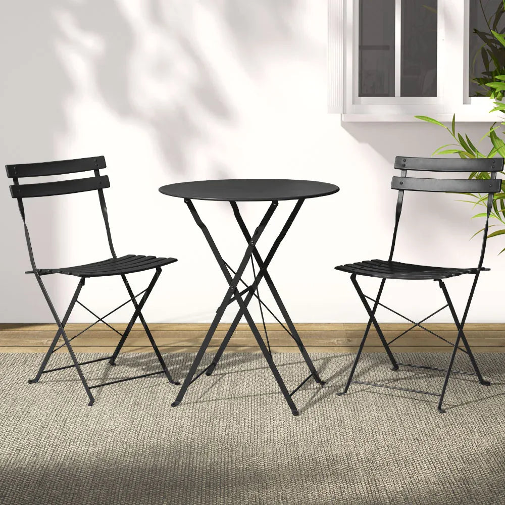 Gardeon 3PC Outdoor Bistro Set Steel Table and Chairs Patio Furniture Black - Mekamart Australia