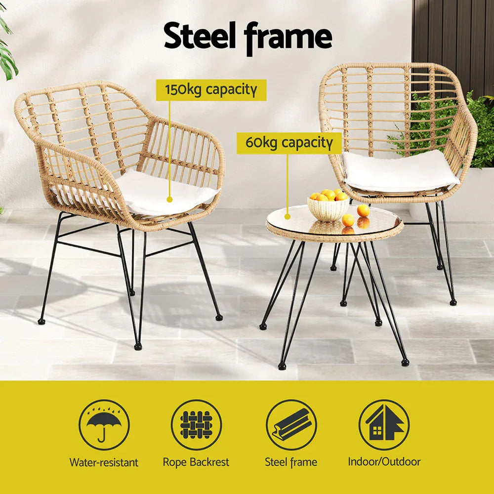 Gardeon 3PC Outdoor Furniture Bistro Set Lounge Setting Table Chairs Cushion Patio Grey - Mekamart Australia