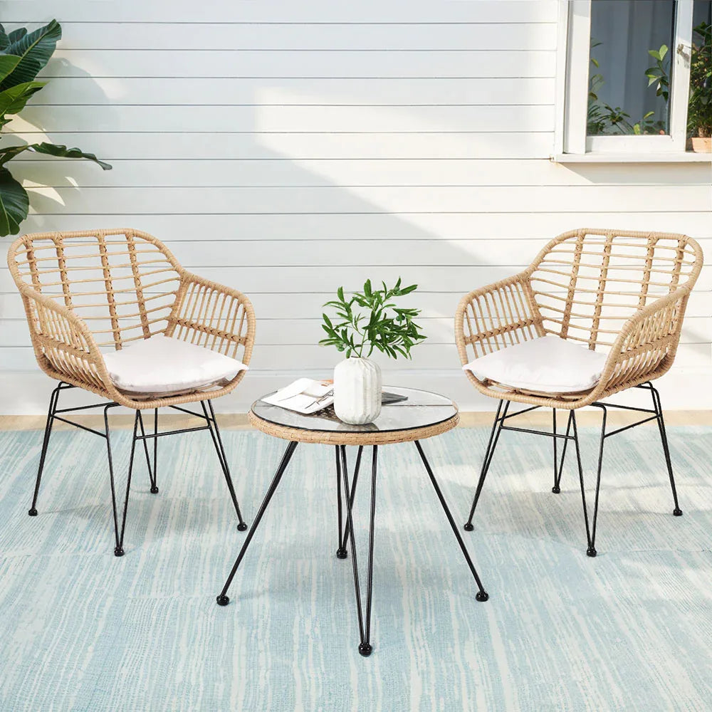 Gardeon 3PC Outdoor Furniture Bistro Set Lounge Setting Table Chairs Cushion Patio Grey - Mekamart Australia