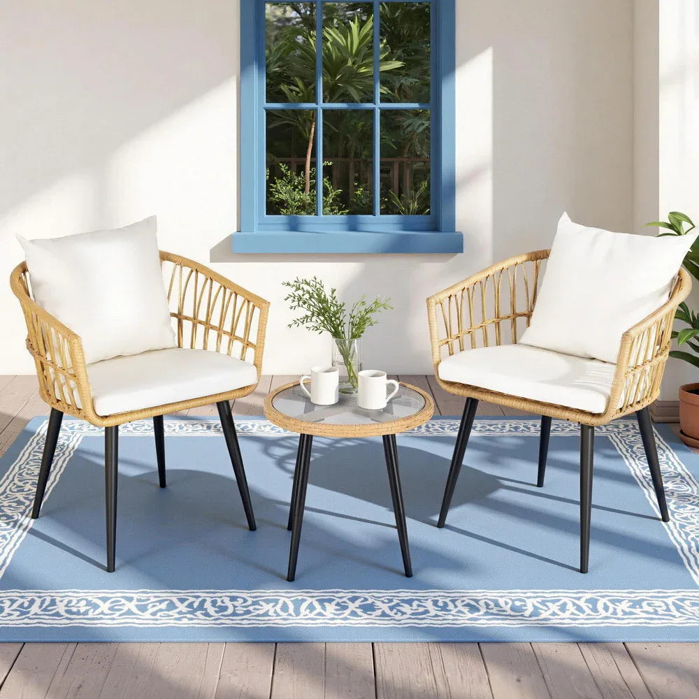 Gardeon 3PC Outdoor Bistro Set Patio Furniture Lounge Setting Table and Chairs Natural - Mekamart Australia