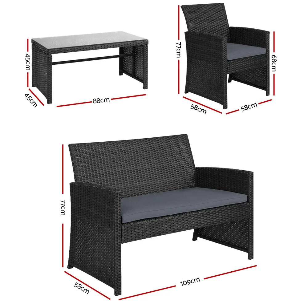 Gardeon 4 PCS Outdoor Sofa Set Rattan Chair Table Setting Garden Furniture Black - Mekamart Australia