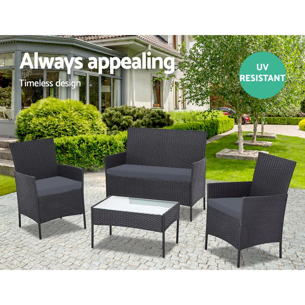 Gardeon 4 PCS Outdoor Sofa Set Rattan Chair Table Setting Garden Furniture Black - Mekamart Australia