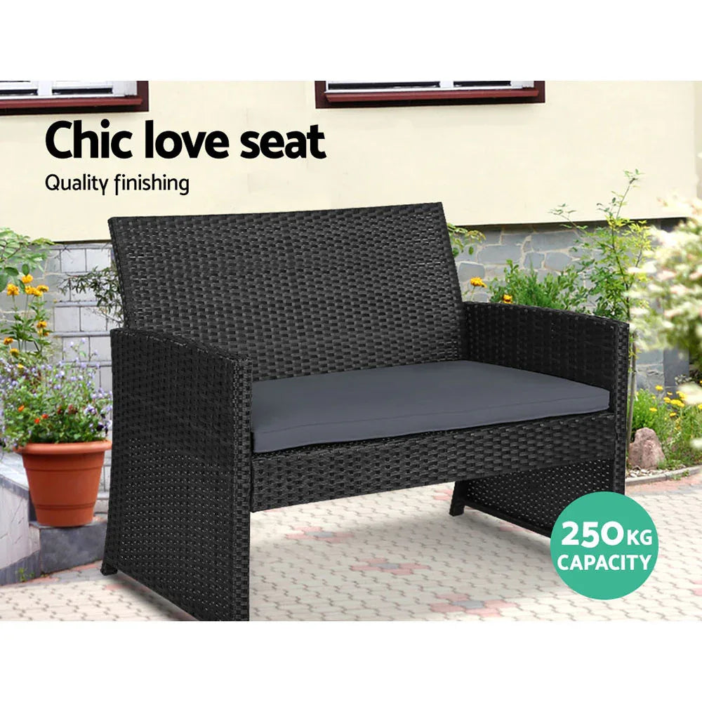 Gardeon 4 PCS Outdoor Sofa Set with Storage Cover Rattan Chair Furniture Black - Mekamart Australia