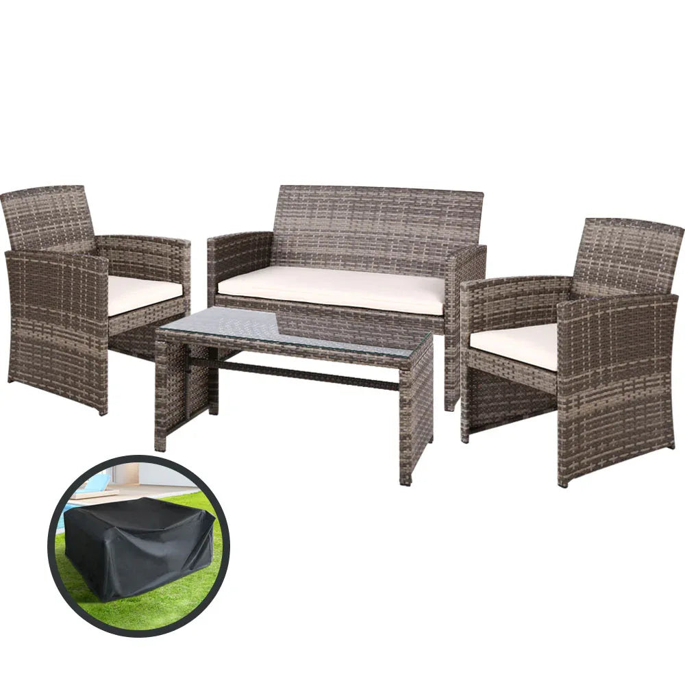 Gardeon 4 PCS Outdoor Sofa Set with Storage Cover Rattan Chair Furniture Grey - Mekamart Australia