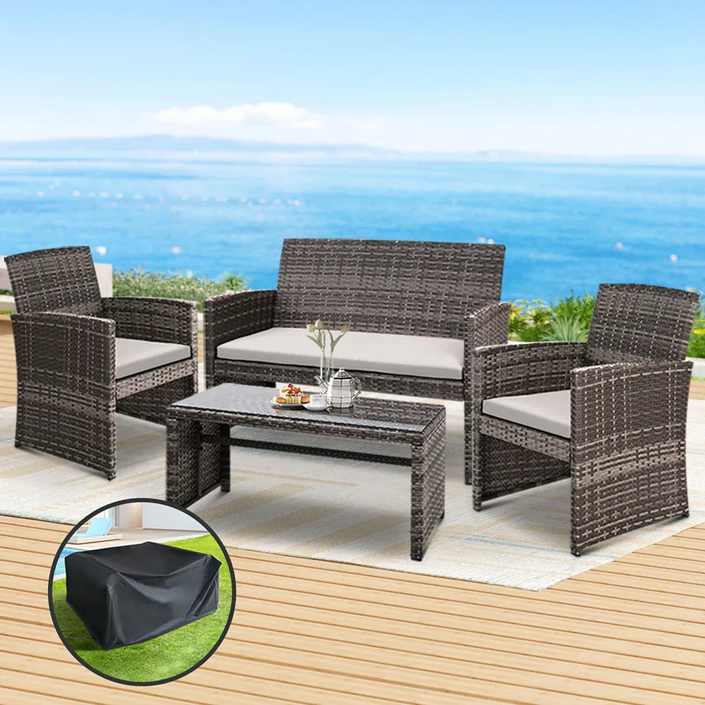 Gardeon 4 PCS Outdoor Sofa Set with Storage Cover Rattan Chair Furniture Grey - Mekamart Australia