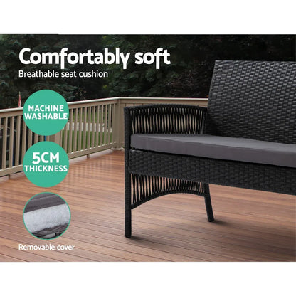 Gardeon 4PCS Outdoor Sofa Set Wicker Harp Chair Table Garden Furniture Black - Mekamart Australia