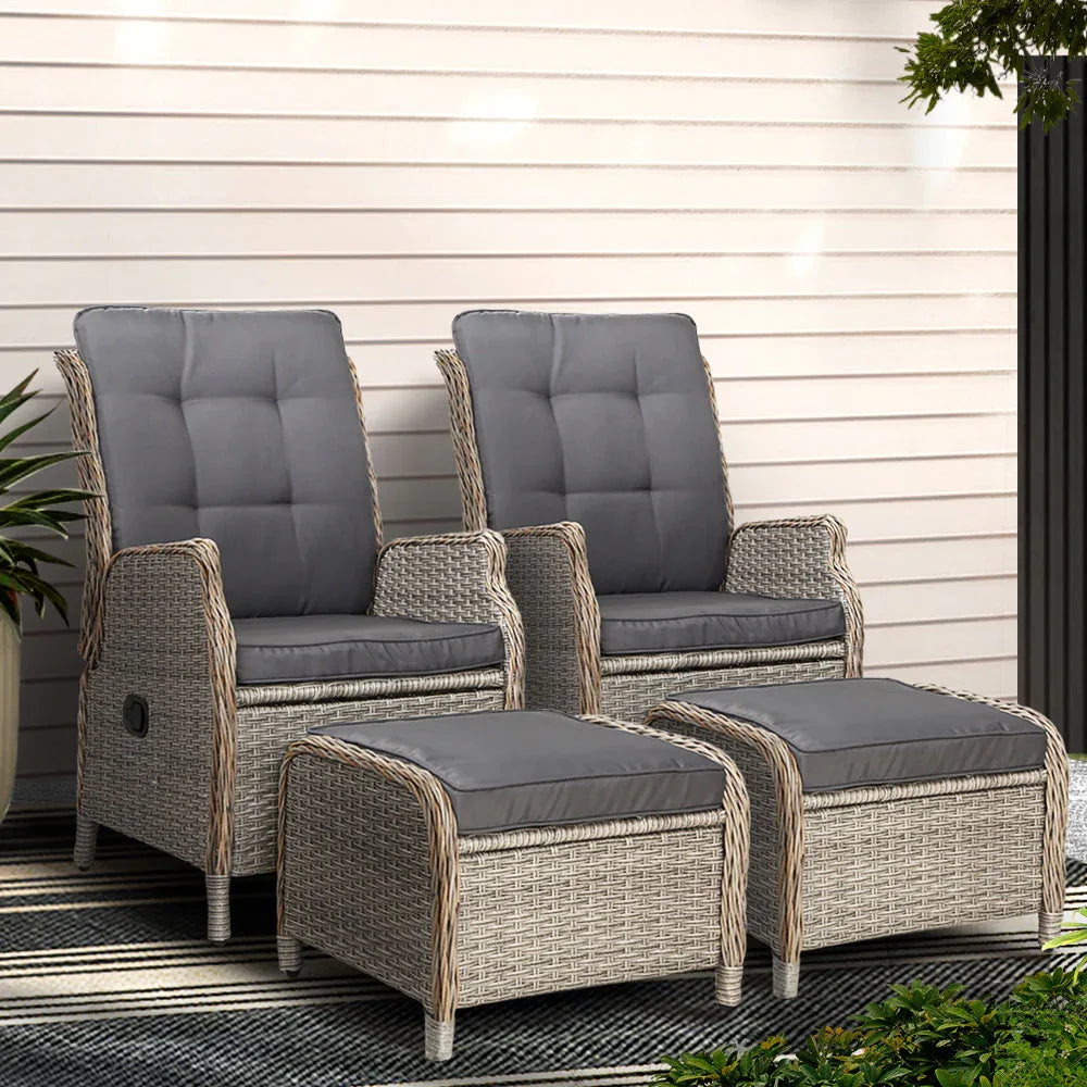 Gardeon 2PC Recliner Chair Sun lounge Wicker Lounger Outdoor Furniture Adjustable Grey - Mekamart Australia