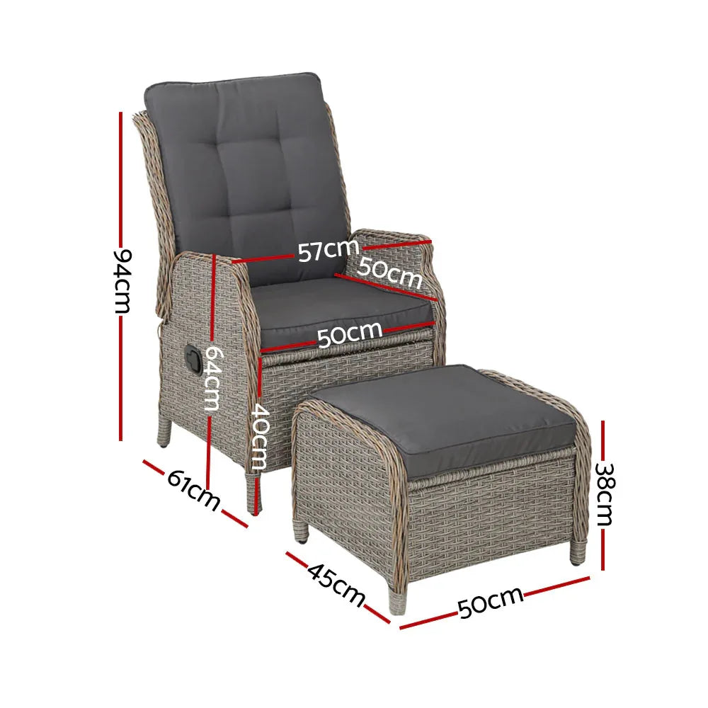 Gardeon 2PC Recliner Chair Sun lounge Wicker Lounger Outdoor Furniture Adjustable Grey - Mekamart Australia